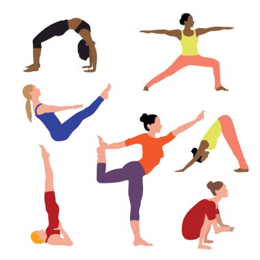 Yoga seti insanları poz veriyor. Yoga Egzersizi, Fitness ve Egzersiz Karakterleri. Renkli Çizgi Film Vektör Resimleri.
