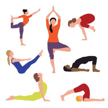 Yoga seti insanları poz veriyor. Yoga Egzersizi, Fitness ve Egzersiz Karakterleri. Renkli Çizgi Film Vektör Resimleri.