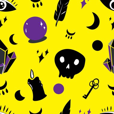 Gizemli büyü geçmişi. Din ve gizemli ve masonik sembollü okültizm. Retro tarzında vektör pürüzsüz desen. Tekrarlanan Moda Modaya uygun doku.