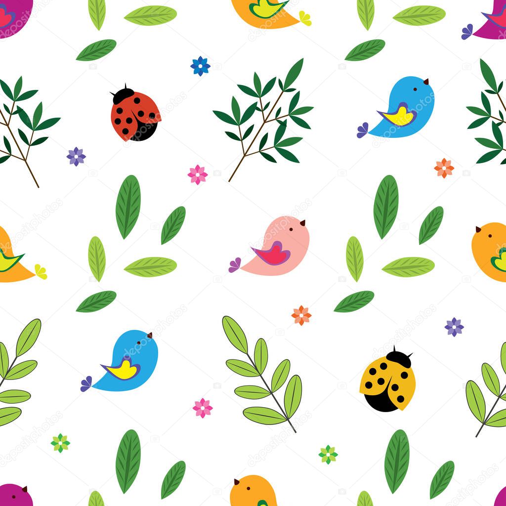 Vector seamless pattern with flowers, birds, bugs. Kids cute background.