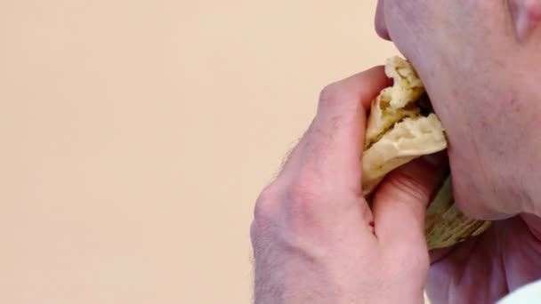 年轻人正在吃一个多汁的汉堡包与猪肉和绿色沙拉 视频剪辑 — 图库视频影像