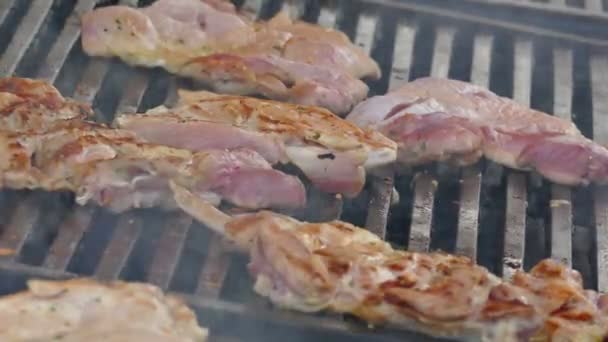 Alimentos Gordos Calóricos Carne Grelhada Salsichas Porco Carne Grelha Video — Vídeo de Stock