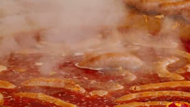 Alimentos Gordos Calóricos Carne Grelhada Salsichas Porco Carne Grelha Video — Vídeo de Stock