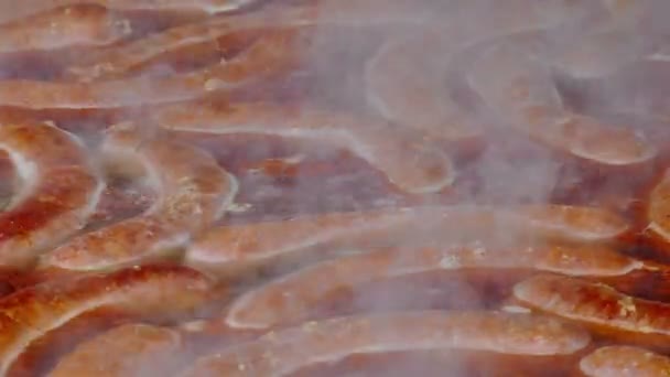 Fette Und Kalorische Nahrung Gegrilltes Fleisch Schweinswürste Und Fleisch Auf — Stockvideo