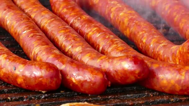 Fette Und Kalorische Nahrung Gegrilltes Fleisch Schweinswürste Und Fleisch Auf — Stockvideo