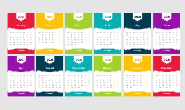 Bunter Schreibtischkalender 2019, Schreibtischkalender 2021, Vorlagenvektor — Stockvektor