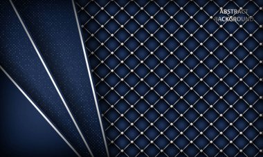 Soyut lüks koyu mavi kaplama arka plan ve gerçekçi düğmeli deri. Gümüş listeli doku ve gümüş parıltılı noktalar elementi. Modern vektör tasarım şablonu.