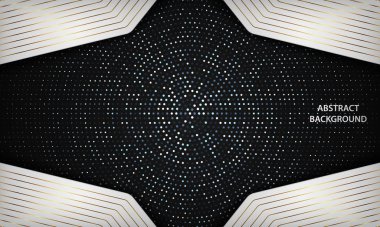 Soyut lüks siyah beyaz örtüşen arka planda gümüş halka benekler süsleme yapar. Altın çizgili bir doku. Modern vektör tasarım şablonu.