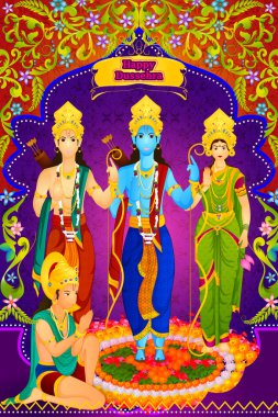 Tanrı Rama, Laxmana, Sita ile Hanuman mutlu Dussehra için vektör