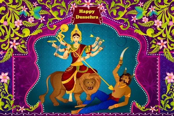 Diosa Durga matando al demonio Mahishasura por Happy Vijayadashami Dussehra — Vector de stock