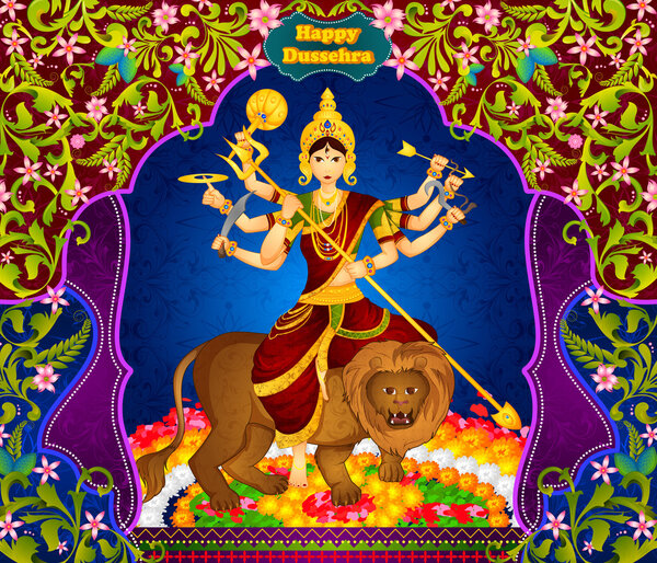 Goddess Durga killing demon Mahishasura for Happy Vijayadashami Dussehra