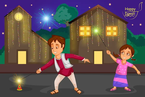 Kids enjoying firecracker celebrating Diwali festival of India — Stock Vector