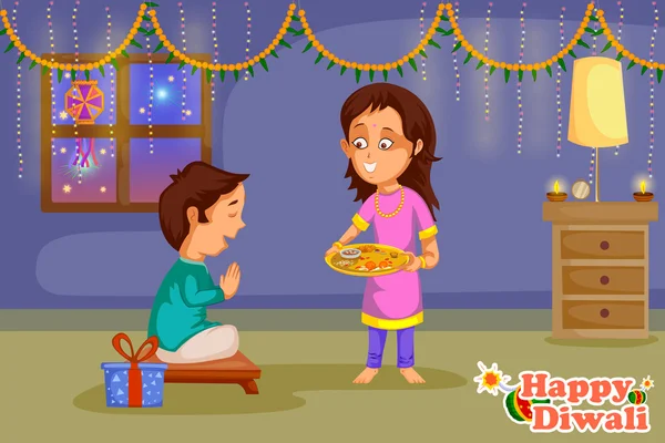 Dzieci obchody Diwali i Bhai Dooj Festiwal Indii — Wektor stockowy