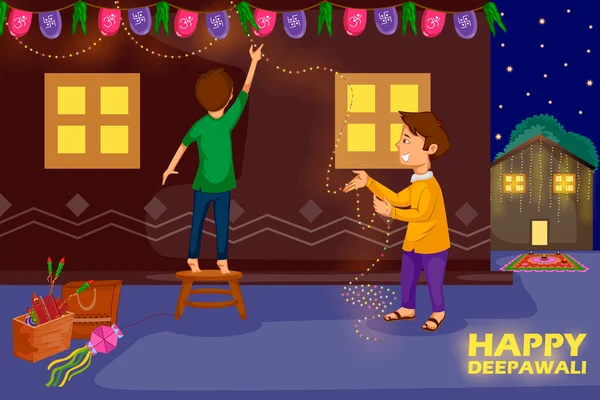 Crianças decorando casa para celebrar o festival Diwali da Índia —  Vetores de Stock