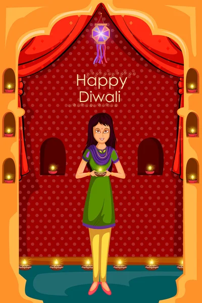 Dame met diya vieren de Diwali festival van India — Stockvector