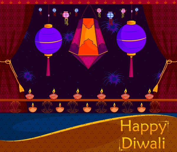 Φως Φεστιβάλ της Ινδίας ευτυχισμένο Diwali γιορτή φόντο — Διανυσματικό Αρχείο