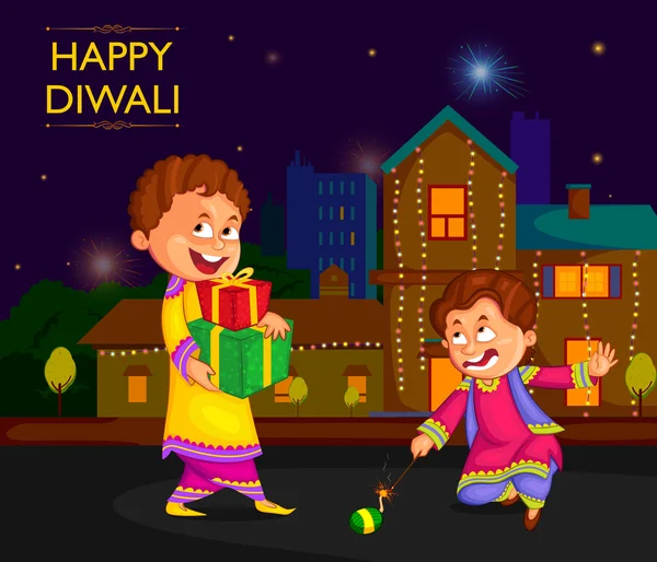 Kids enjoying firecracker celebrating Diwali festival of India — Stock Vector