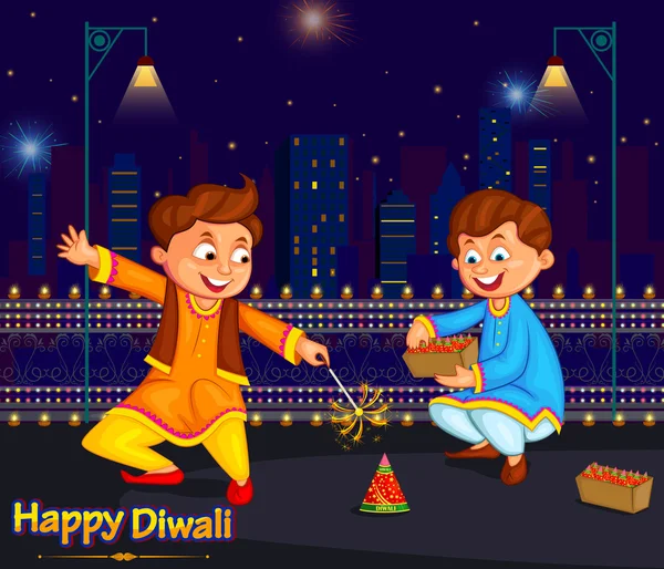 Kids enjoying firecracker celebrating Diwali festival of India — Stock Vector