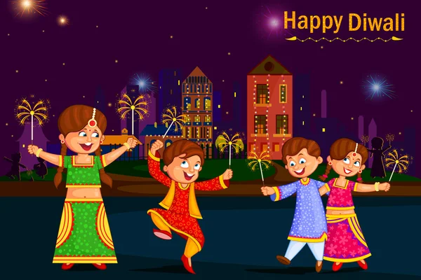 Kids enjoying firecracker celebrating Diwali festival of ...
