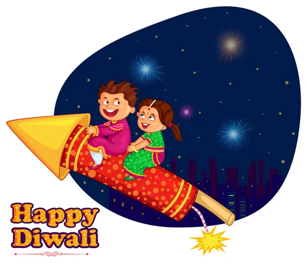 Kids enjoying firecracker celebrating Diwali festival of India — Stock Vector