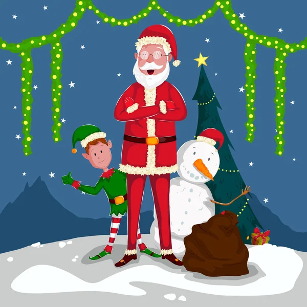 Santa and Elf in Merry Christmas holiday greeting card background — Stock Vector