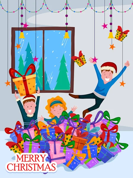 Дети бледнеют с подарком для празднования Рождества — стоковый вектор