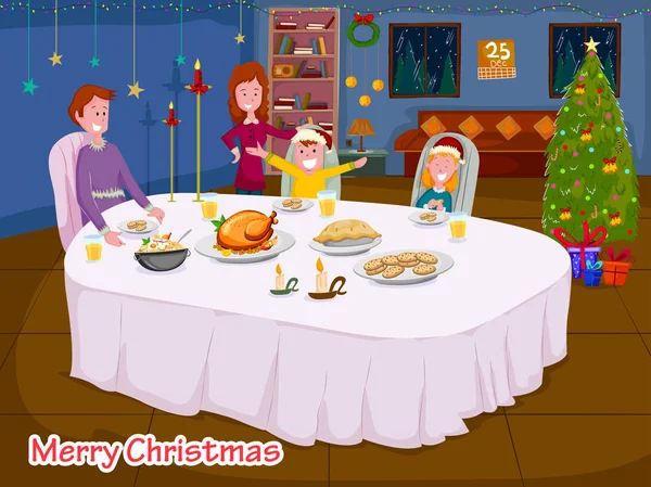 メリー クリスマスの祝日を祝う夕食のテーブルがあり、食事を楽しんで幸せな家族 — ストックベクタ