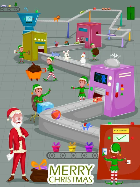 Noel Baba ve neşeli Noel tatil tebrik kartı arka plan için hediye yapmak Elf — Stok Vektör