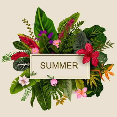 Egzotik tropikal yaprak arka planda vektör yaz daveti tebrik şablonu için