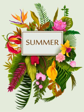 Egzotik tropikal yaprak arka planda vektör yaz daveti tebrik şablonu için