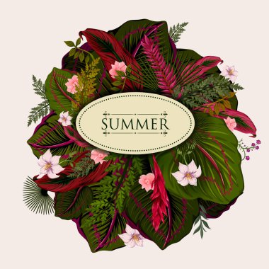 Egzotik tropikal yaprak arka planda vektör yaz daveti tebrik şablonu için