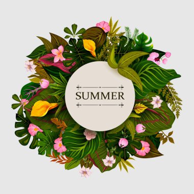 Egzotik tropikal yaprak arka planda vektör yaz daveti tebrik şablonu için