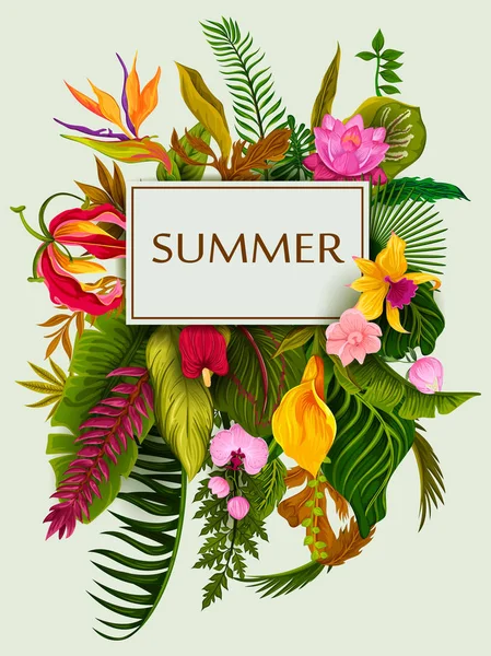 Exotic tropical leaf background in vector for invitation greeting template of Summer — Stock Vector