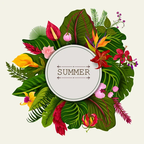 Exotic tropical leaf background in vector for invitation greeting template of Summer — Stock Vector