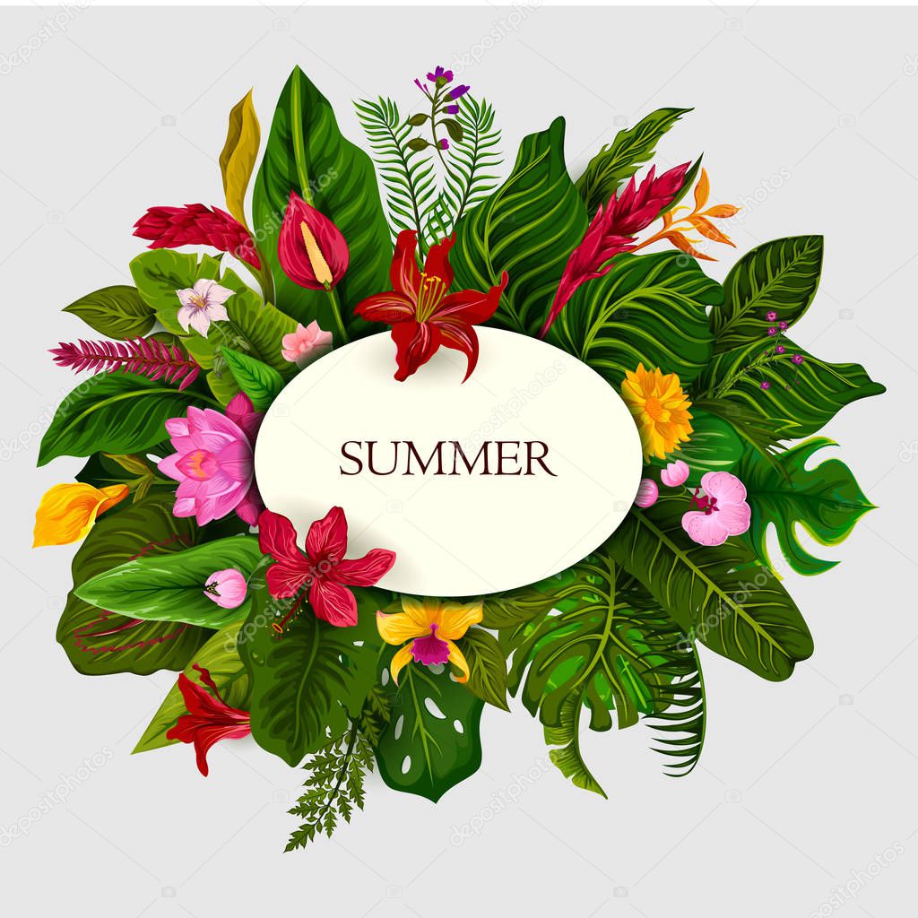 Exotic tropical leaf background in vector for invitation greeting template of Summer