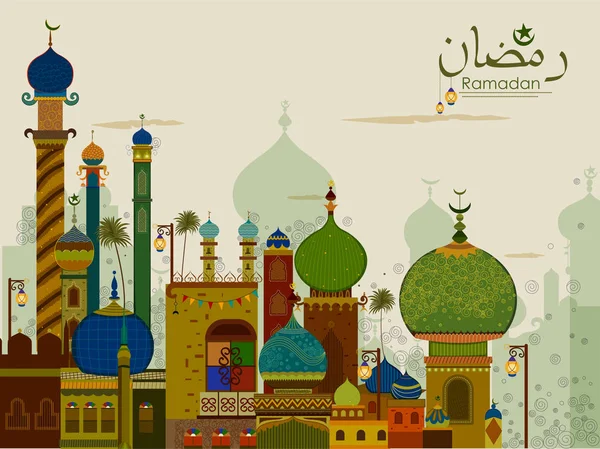 Mosquée décorée dans l'Aïd Moubarak Happy Eid Ramadan fond — Image vectorielle