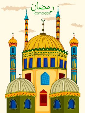Cami Eid Mubarak mutlu bayram Ramazan arka planda dekore edilmiş