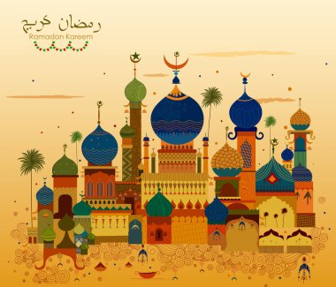 Cami Eid Mubarak mutlu bayram Ramazan Kareem arka planda dekore edilmiş