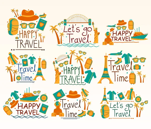 Happy Travel e composizione collage vacanza — Vettoriale Stock
