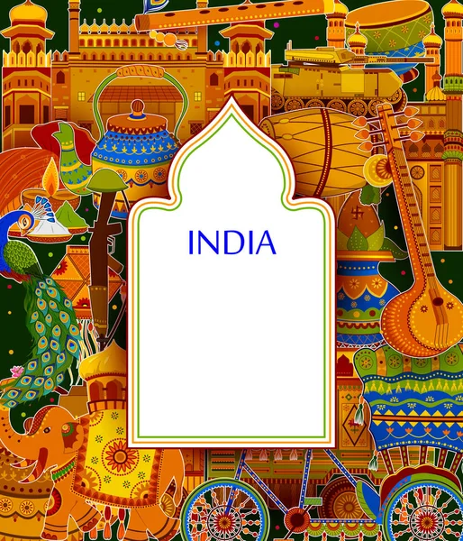 Incredible India achtergrond afschilderend kleurrijke Indiase cultuur en religie — Stockvector