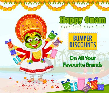 Kerala Onam Festivali için alışveriş satış sunan Kathakali dansçı