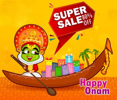 Kerala Onam Festivali için alışveriş satış sunan Kathakali dansçı