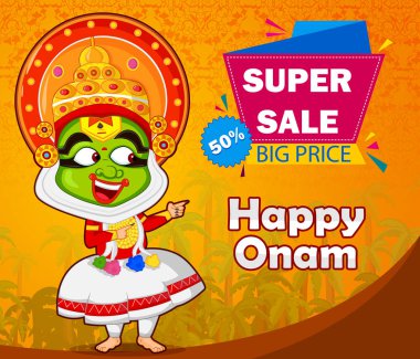 Kerala Onam Festivali için alışveriş satış sunan Kathakali dansçı
