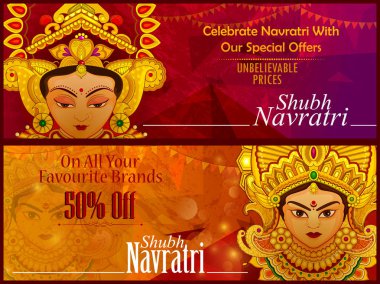 Tanrıça Durga güzel yüzünü mutlu Dussehra veya Shubh Navratri festival satış ve promosyon reklam arka planı için
