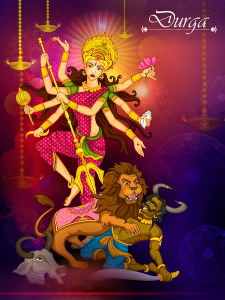 Богиня Дурга убивает демона Махишасуру ради счастливой Виджаядашами Дуссехры — стоковый вектор