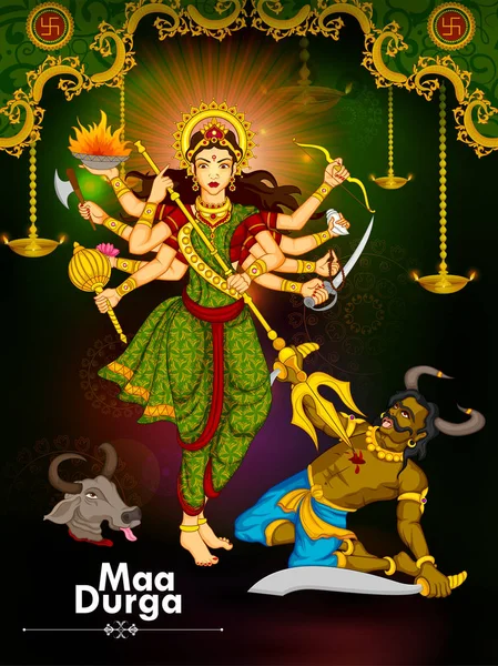 Gudinnan Durga dödande demon Mahishasura för Happy Vijayadashami Dussehra — Stock vektor