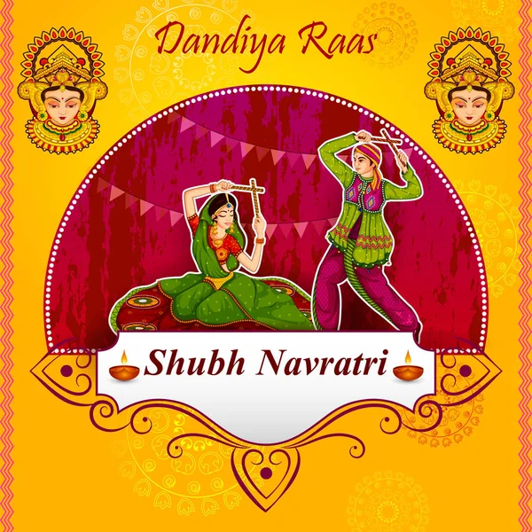 Pareja realizando danza Garba en Dandiya Raas para Dussehra o Navratri — Vector de stock