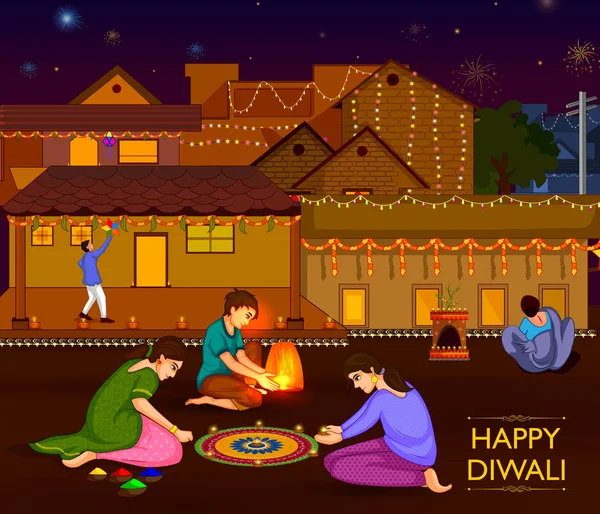Ινδική οικογένεια οι άνθρωποι γιορτάζουν Diwali Φεστιβάλ της Ινδίας — Διανυσματικό Αρχείο