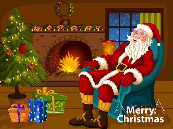 Santa Claus sentado en el sofá cerca de pino decorado cerca de la chimenea para Feliz Navidad y Feliz Año Nuevo — Vector de stock