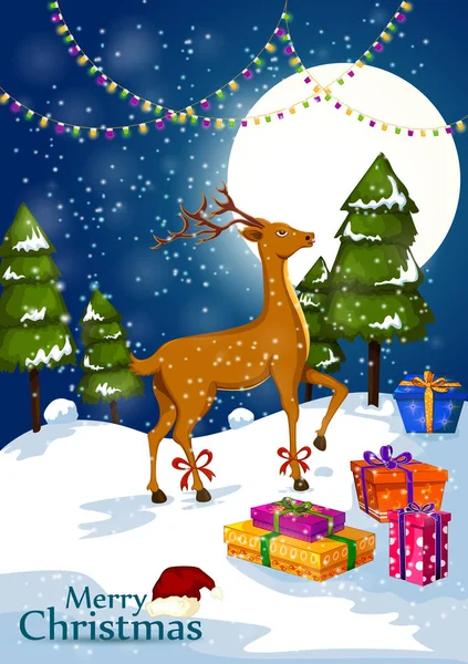 Jelen s dekorace a dárek pro Veselé Vánoce a šťastný nový rok — Stockový vektor
